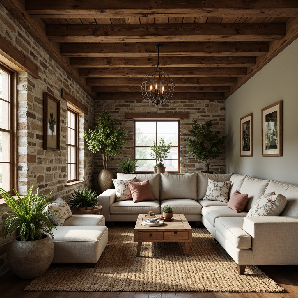 Prompt: Rustic farmhouse, reclaimed wood accents, natural stone walls, earthy color palette, woven jute rugs, vintage metal decor, distressed wooden beams, plush linen upholstery, organic textiles, botanical prints, potted greenery, warm candlelight, soft shadows, cozy nooks, 1/1 composition, shallow depth of field, realistic textures.