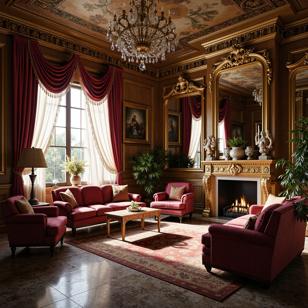 Prompt: Luxurious living room, intricately carved wooden furniture, ornate metalwork, velvet upholstery, rich jewel-toned colors, crystal chandeliers, grandiose mirrors, marble flooring, lavish textiles, tassel-trimmed drapes, gilded accents, exquisite ceramics, sculptures, fresco ceilings, warm golden lighting, soft focus, shallow depth of field, 1/2 composition, ornate moldings, Victorian-inspired patterns, majestic ambiance.