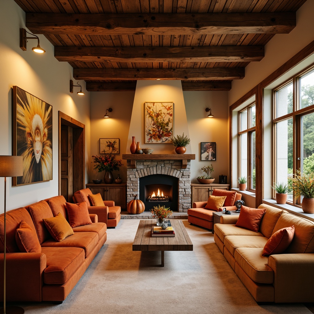 Prompt: Cozy living room, warm beige walls, rich walnut wood furniture, plush velvet sofas, golden lighting fixtures, soft cream-colored carpets, vibrant orange accents, earthy terracotta vases, natural stone fireplace, rustic wooden beams, inviting atmosphere, warm color scheme, comforting textures, autumnal hues, intimate ambiance, 1/1 composition, soft focus, warm glow, shallow depth of field.