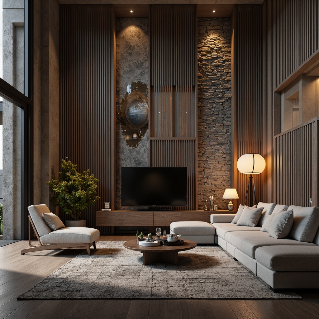 Prompt: Luxurious living room, accent walls, bold geometric patterns, metallic silver paint, textured 3D effects, sleek glass panels, natural stone cladding, reclaimed wood planks, rich velvet fabrics, modern minimalist decor, dramatic floor lamps, soft warm glow, high-contrast lighting, cinematic composition, shallow depth of field.