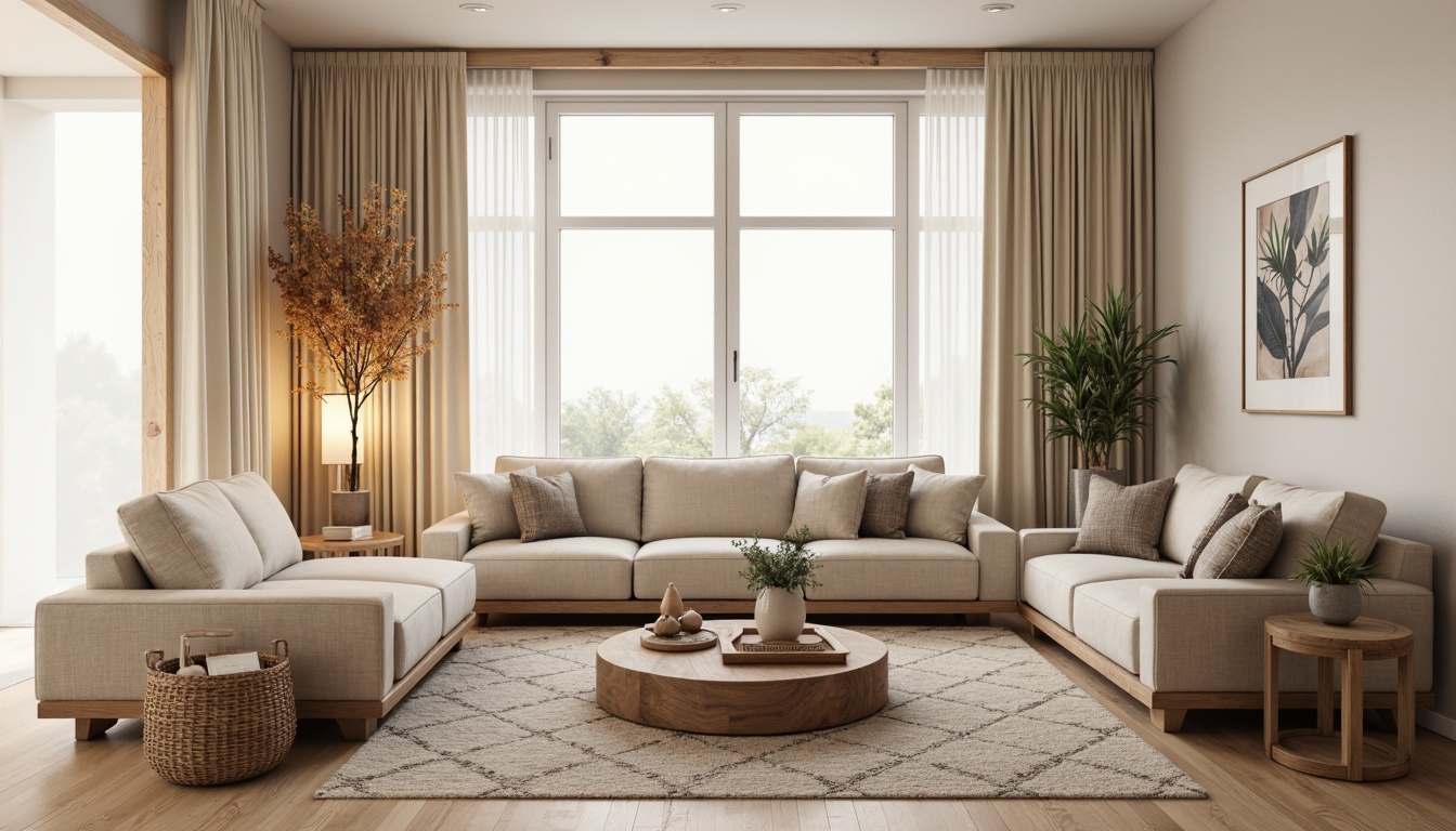 Prompt: Minimalist living room, light wood accents, beige sofas, natural textiles, woven baskets, industrial-chic coffee tables, geometric-patterned rugs, soft cream curtains, cozy reading nooks, warm candlelight, subtle shadows, 1/1 composition, realistic renderings, ambient lighting, Nordic-inspired decorative accessories, distressed wooden furniture, earthy color palette, organic shapes, simplistic decor.