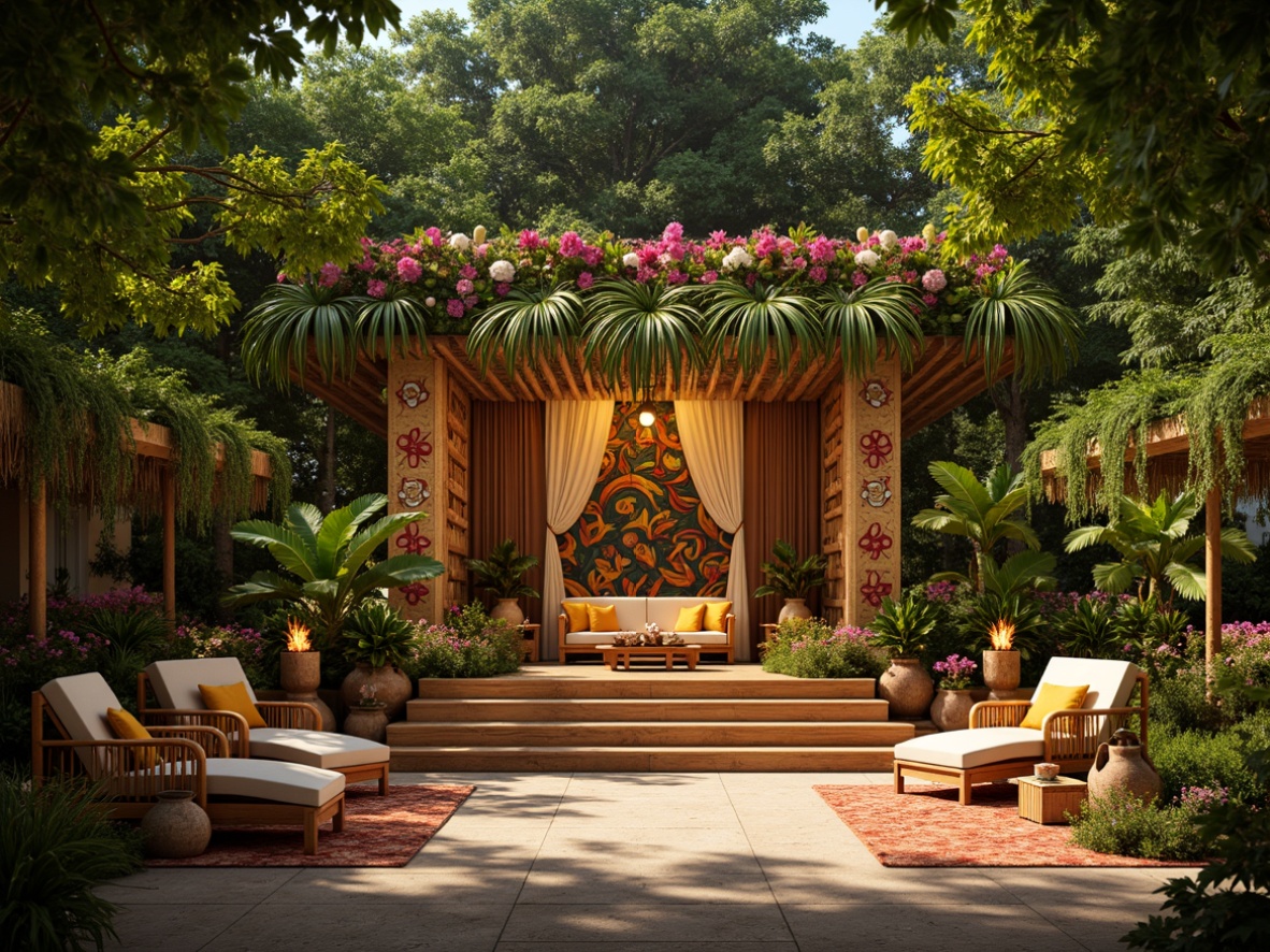 Prompt: Vibrant tropical stage, lush greenery, exotic flowers, warm lighting, wooden flooring, natural fiber curtains, woven rattan furniture, colorful tiki torches, Polynesian-inspired patterns, intricate carvings, hand-painted murals, palm frond decorations, sunny day ambiance, soft focus, shallow depth of field, 3/4 composition, realistic textures, ambient occlusion.