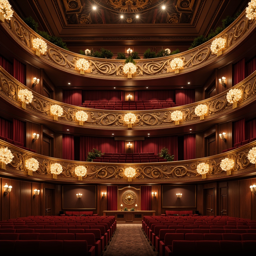 Prompt: Elegant opera house interior, ornate balconies, plush red velvet seats, gilded decorative elements, high ceilings, wooden flooring, acoustic panels, sound-absorbing materials, diffusers, bass traps, reflective surfaces, reverberation control, optimal sound quality, precise echo reduction, clear vocal clarity, warm intimate ambiance, dramatic spotlights, subtle sidewall lighting, 1/1 composition, shallow depth of field, realistic textures.