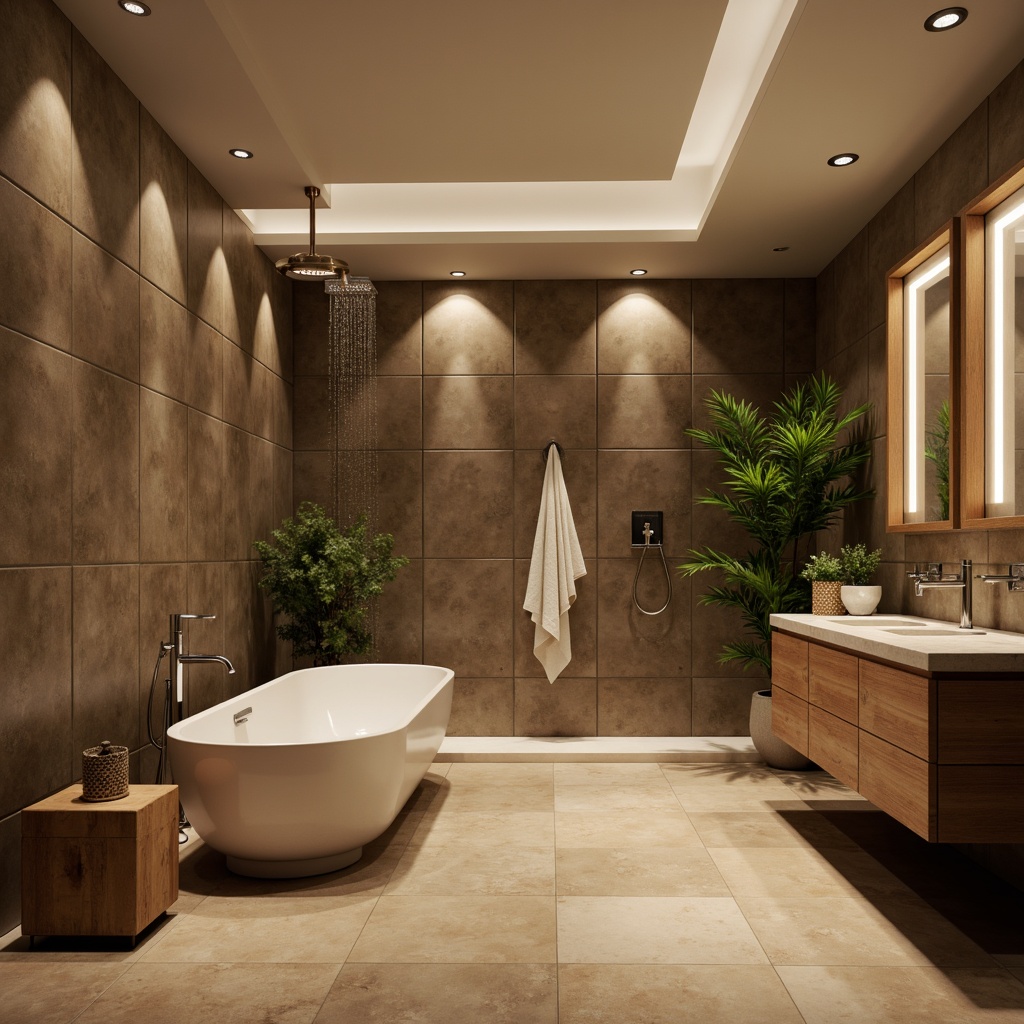 Prompt: Luxurious bathroom, freestanding tub, matte brown stone walls, polished chrome fixtures, rainfall showerhead, warm beige tile floors, minimalist vanity, LED lighting, ambient misting system, lush green plants, natural stone countertops, earthy color palette, soft warm glow, shallow depth of field, 1/1 composition, realistic textures, atmospheric rendering.