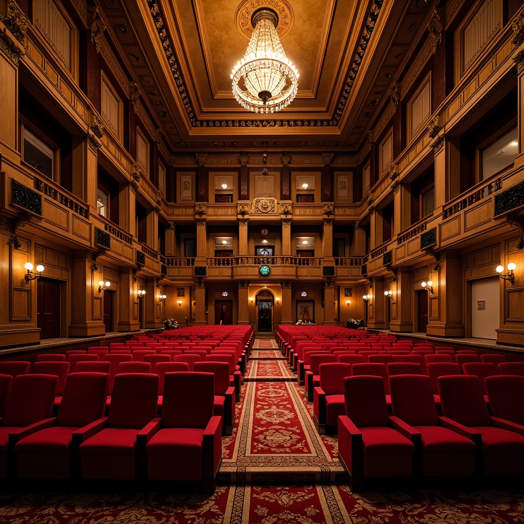 Prompt: Elegant auditorium, traditional ornate details, rich wood tones, plush red velvet seats, intricate carvings, golden accents, grand chandelier, high ceilings, classic column architecture, sweeping staircases, ornate balconies, luxurious fabrics, subtle warm lighting, shallow depth of field, 2/3 composition, symmetrical arrangement, realistic textures, ambient occlusion.