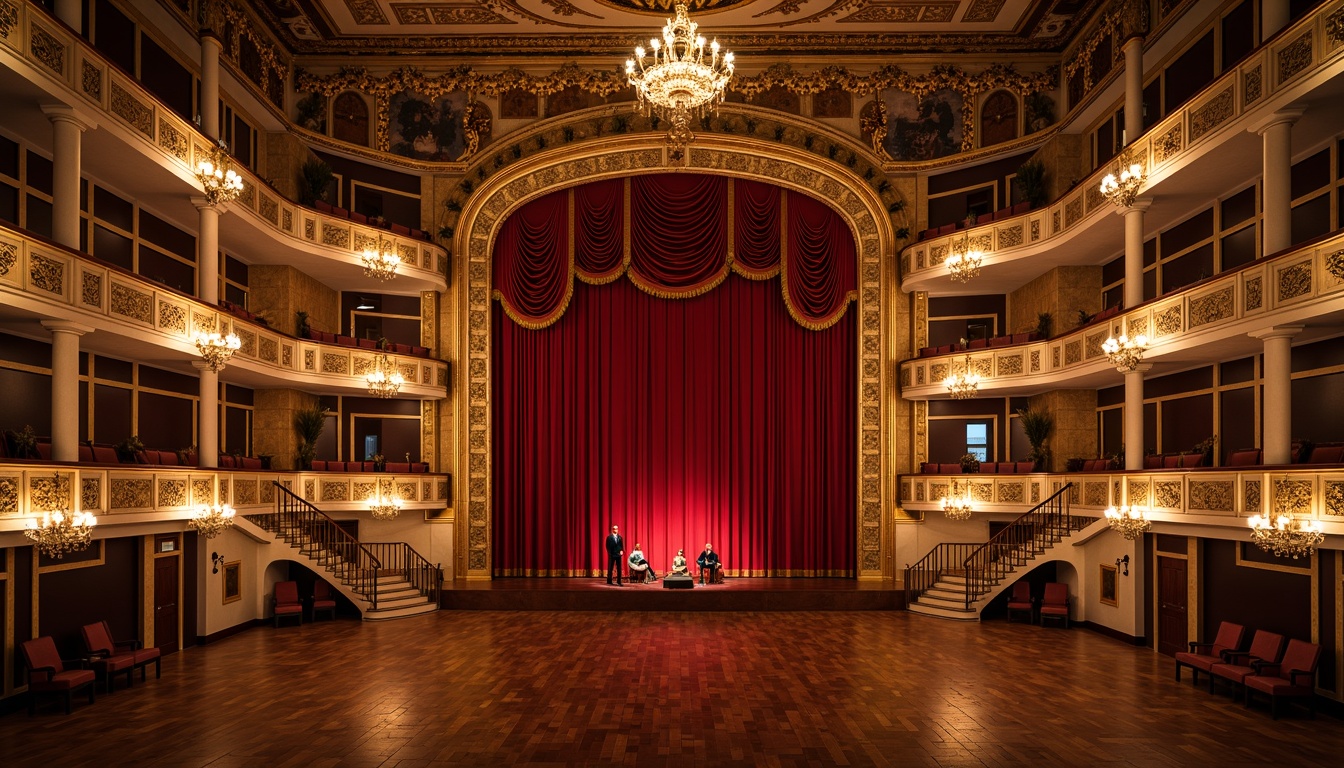 Prompt: Grand auditorium, ornate proscenium arch, plush red velvet curtains, gilded frames, intricate moldings, luxurious chandeliers, wooden floorboards, traditional European-inspired architecture, regal balconies, majestic staircases, opulent drapery, warm golden lighting, shallow depth of field, 2/3 composition, realistic textures, ambient occlusion.