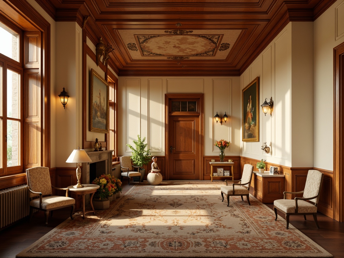 Prompt: Rich wood paneling, ornate moldings, cream-colored walls, elegant wainscoting, classic chair rail, luxurious fabrics, subtle texture, warm golden lighting, soft shadows, symmetrical composition, formal atmosphere, refined details, antique furniture, vintage decor, sophisticated ambiance, inviting warmth, cozy nooks, traditional ornaments, intricate patterns, subtle color palette.