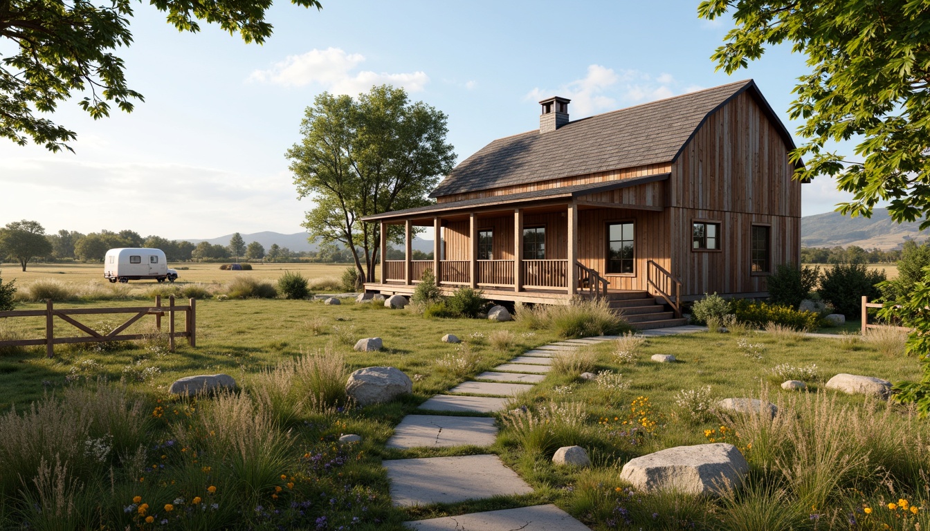 Prompt: Rustic farmhouse, open fields, wildflowers, vintage farm equipment, wooden fences, distressed barn doors, natural stone pathways, country-style porches, reclaimed wood accents, earthy color palette, warm sunny day, soft diffused lighting, shallow depth of field, 3/4 composition, panoramic view, realistic textures, ambient occlusion.