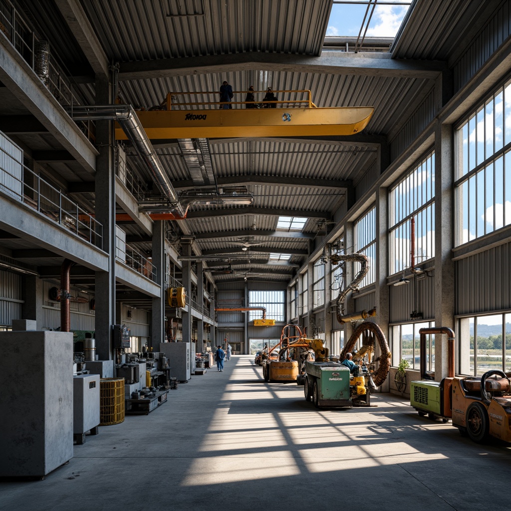 Prompt: Industrial factory setting, galvanized steel structures, metallic luster, rugged textures, corrugated iron sheets, reinforced beams, modern machinery, functional pipes, overhead cranes, concrete floors, bright artificial lighting, shallow depth of field, 2/3 composition, realistic reflections, ambient occlusion.