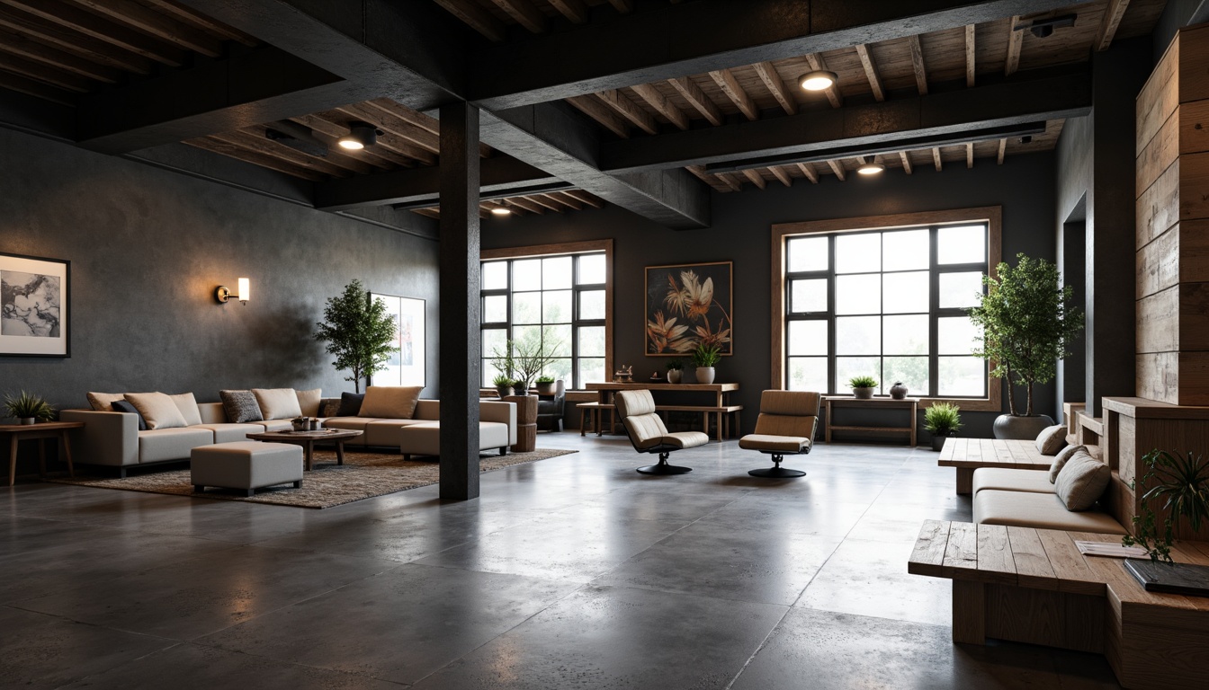 Prompt: Polished concrete floors, matte black walls, industrial metal beams, reclaimed wood accents, minimalist lighting fixtures, sleek low-profile furniture, monochromatic color scheme, subtle texture variations, sparse decorative elements, floor-to-ceiling windows, natural light pouring in, soft warm glow, shallow depth of field, 3/4 composition, realistic reflections, ambient occlusion.