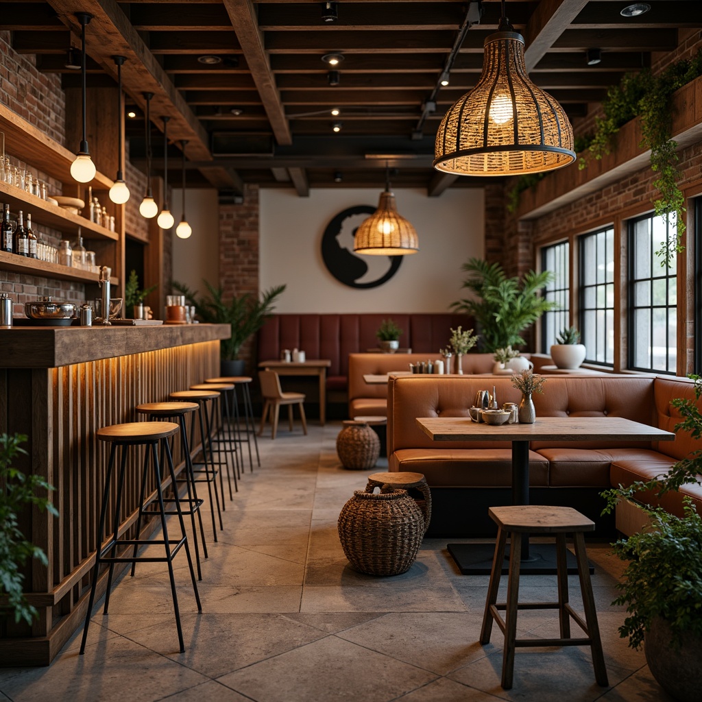 Prompt: Rustic wooden bar, vintage metal stools, distressed leather sofas, reclaimed wood tables, industrial pendant lamps, exposed brick walls, earthy tone color palette, natural stone floors, woven wicker baskets, potted greenery, warm dim lighting, shallow depth of field, 2/3 composition, realistic textures, ambient occlusion.