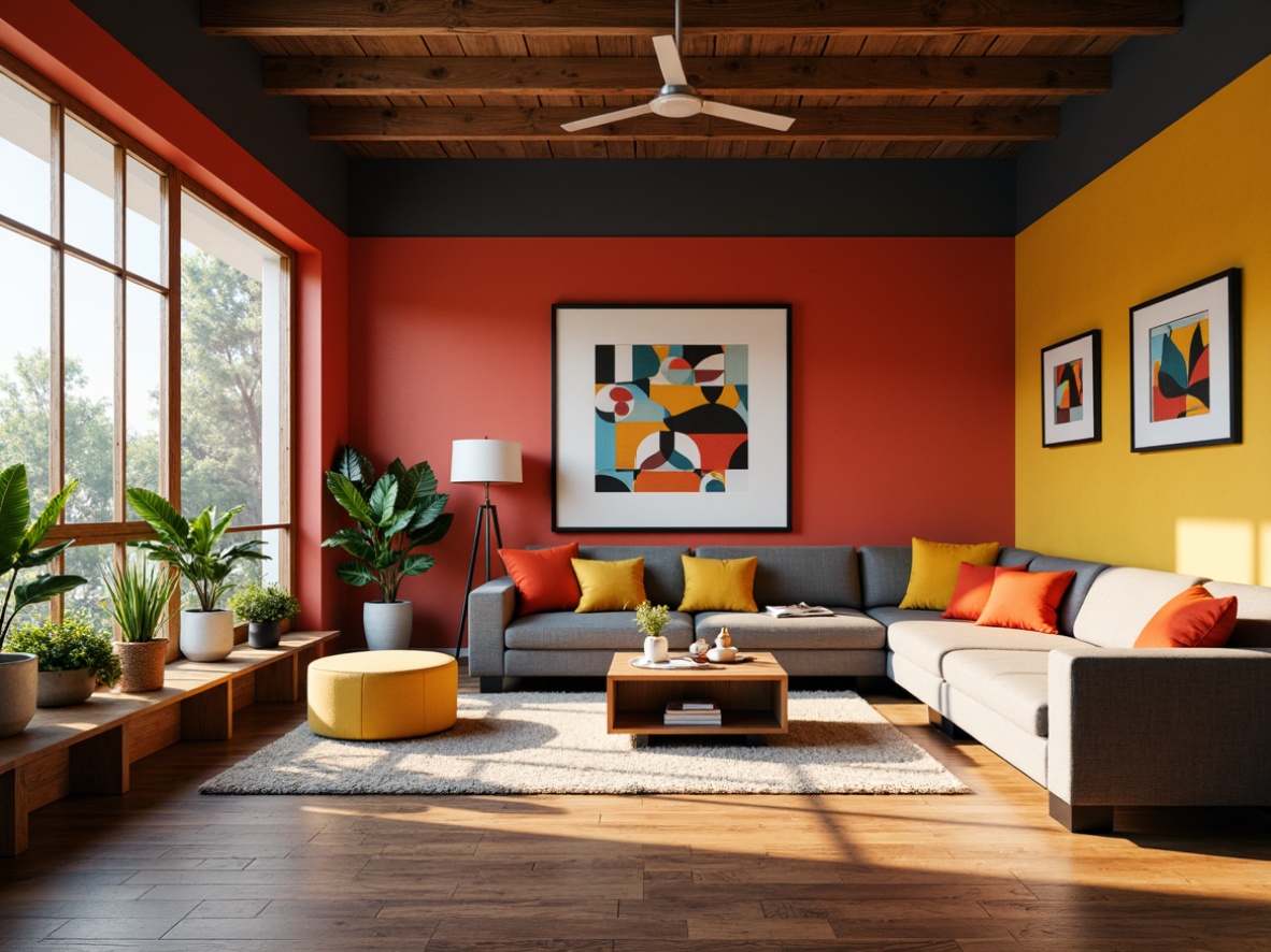 Prompt: Vibrant Bauhaus interior, bold color blocking, geometric shapes, minimalist decor, primary colors, accent walls, natural textures, wooden furniture, industrial lighting, matte finishes, graphic patterns, abstract art pieces, modernist architecture, open floor plans, functional design, 1/1 composition, high contrast lighting, dramatic shadows, realistic reflections.