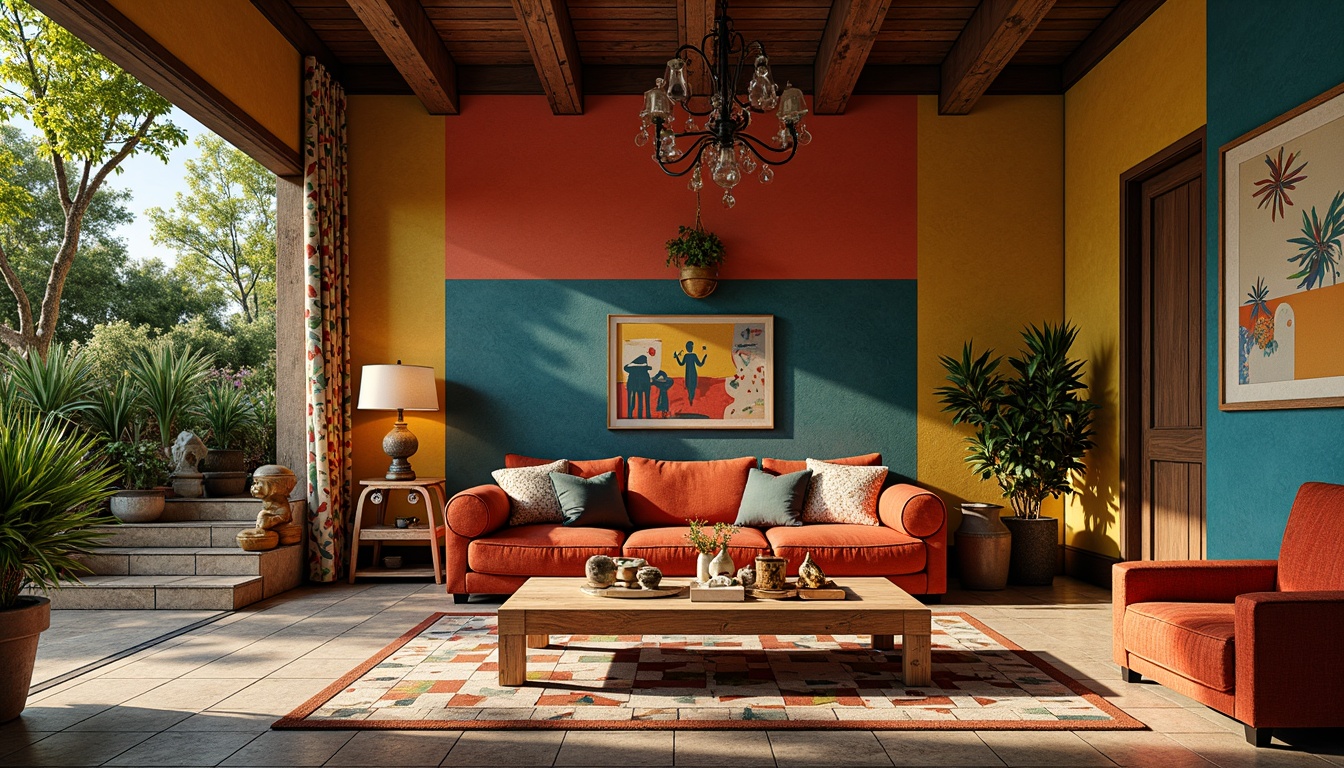 Prompt: Vibrant eclectic house, bold color blocking, playful geometric patterns, distressed wood accents, ornate metal fixtures, lush greenery, whimsical garden ornaments, vintage furniture pieces, abstract artwork, rich velvet fabrics, intricate tile mosaics, warm golden lighting, shallow depth of field, 1/1 composition, realistic textures, ambient occlusion.