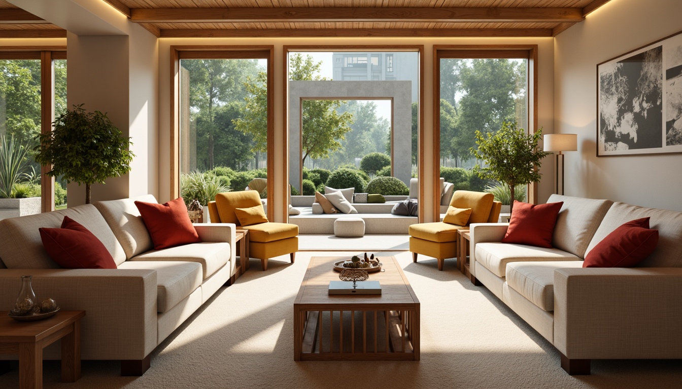 Prompt: Cozy living room, plush sofas, comfortable armchairs, vibrant accent pillows, natural wood coffee tables, warm beige carpet, soft overhead lighting, large windows, outdoor garden views, 3/4 composition, shallow depth of field, realistic textures, ambient occlusion, relaxation ambiance, calming atmosphere, ergonomic furniture design, supportive backrests, adjustable headrests, reclining mechanisms, spacious legroom, intimate conversation pits, warm color schemes, inviting textiles.