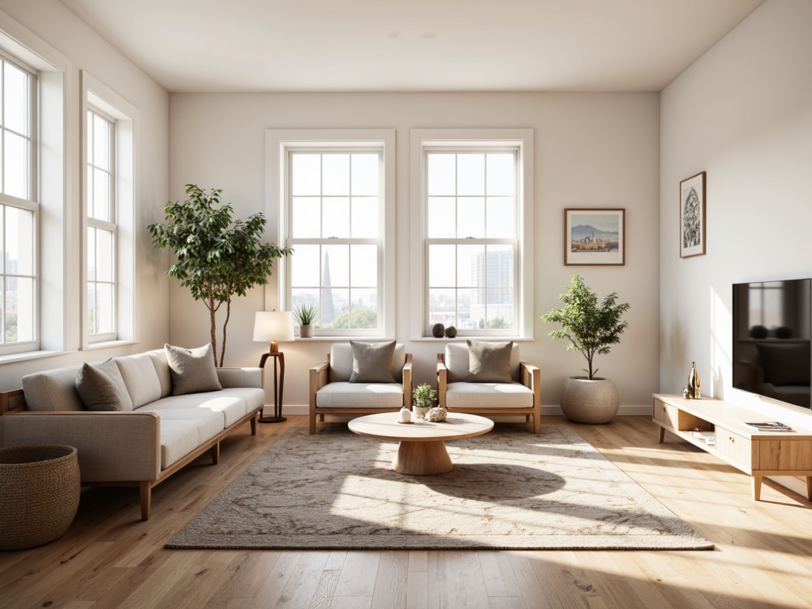 Prompt: Light-filled living room, minimalist decor, Scandinavian design, wooden floors, whitewashed walls, simple shapes, clean lines, functional furniture, ergonomic chairs, sleek coffee tables, geometric-patterned rugs, natural textiles, subtle color palette, soft warm lighting, cozy atmosphere, 1/1 composition, shallow depth of field, realistic textures, ambient occlusion.