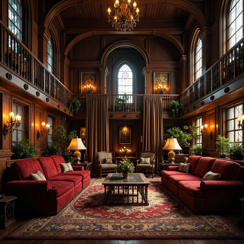 Prompt: Grandiose Gothic mansion, intricately carved wooden furniture, luxurious velvet upholstery, ornate metalwork, mysterious candelabras, dark wood paneling, stained glass windows, medieval-inspired tapestries, dramatic chandeliers, richly patterned rugs, lavish drapery, mystical ambiance, warm golden lighting, high contrast shadows, cinematic composition, mysterious atmosphere.