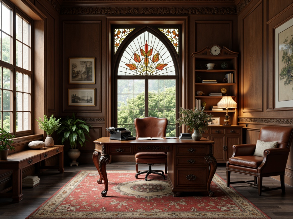 Prompt: Elegant home office, ornate wooden desk, curved legs, intricately carved details, luxurious velvet upholstery, rich brown leather armchair, flowing organic lines, sinuous shapes, botanical motifs, stained glass windows, warm soft lighting, vintage typewriter, antique clock, distressed wood paneling, Art Nouveau architectural style, ornamental metalwork, subtle earthy tones, cozy intimate atmosphere, shallow depth of field, 1/2 composition, realistic textures, ambient occlusion.