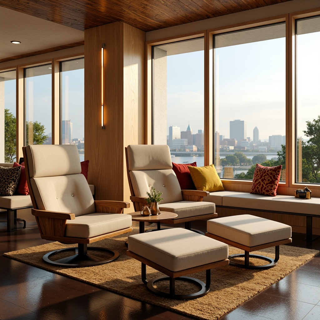 Prompt: Luxurious lounge chairs, velvet upholstery, golden accents, plush cushions, ergonomic design, adjustable headrests, wooden armrests, soft ambient lighting, intimate corner seating, cozy throw blankets, warm beige tones, modern minimalist decor, sleek metal frames, comfortable ottomans, vibrant colorful pillows, natural stone flooring, panoramic city views, floor-to-ceiling windows, warm afternoon sunlight, shallow depth of field, 2/3 composition, realistic textures, ambient occlusion.