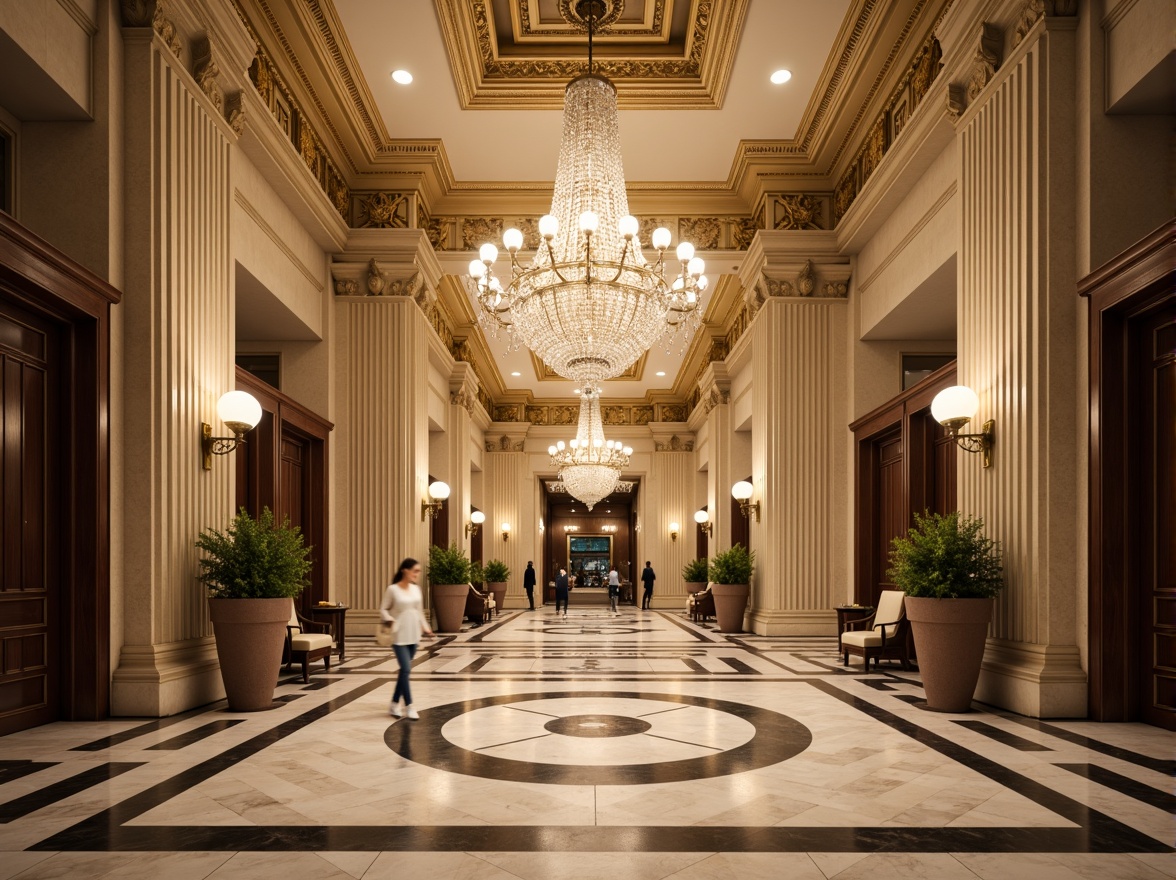 Prompt: Elegant neoclassical office building, grand entrance hall, ornate columns, intricate carvings, polished marble floors, luxurious chandeliers, high ceilings, symmetrical facades, classic arches, subtle moldings, refined stucco textures, sophisticated color palette, warm golden lighting, shallow depth of field, 1/2 composition, realistic materials, ambient occlusion.