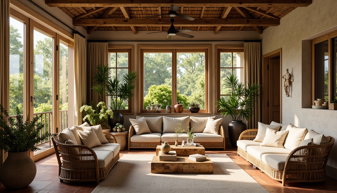 Prompt: Cozy sunroom, warm natural light, lush greenery, wooden beams, rustic stone walls, earthy terracotta flooring, woven wicker furniture, plush velvet cushions, soft linen drapes, rough-hewn wood accents, distressed metal decorations, vintage ceramic vases, warm beige color palette, organic shapes, natural materials, effortless elegance, soft warm lighting, shallow depth of field, 1/2 composition, intimate atmosphere.