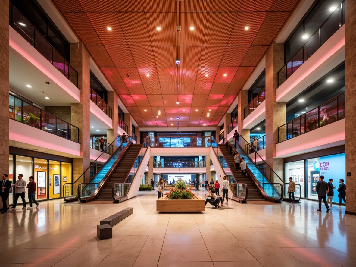 Prompt: Vibrant shopping center, modern architecture, bright LED signage, neon lights, glossy floors, sleek escalators, spacious atriums, natural stone walls, warm beige tones, rich wooden accents, bold red highlights, calming blue undertones, energetic yellow hues, playful green accents, lively coral colors, soft cream textures, subtle metallic sheens, 1/1 composition, dramatic spotlights, high-contrast shadows, realistic reflections.