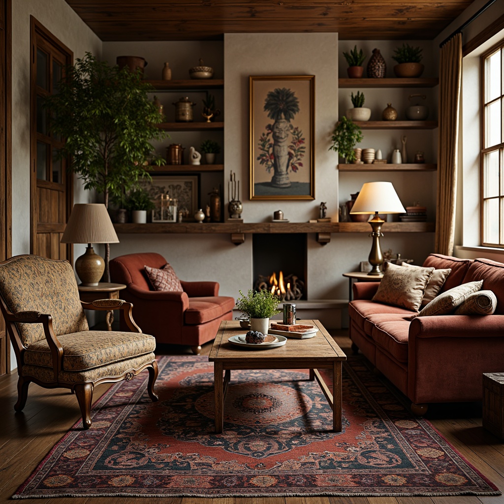 Prompt: Vintage armchair, distressed wood coffee table, plush velvet sofa, eclectic mix of patterns, rich jewel-toned rug, unique decorative accents, industrial metal lamp, reclaimed wood shelves, bohemian-inspired textiles, natural fiber upholstery, warm golden lighting, shallow depth of field, 1/1 composition, realistic textures, ambient occlusion.