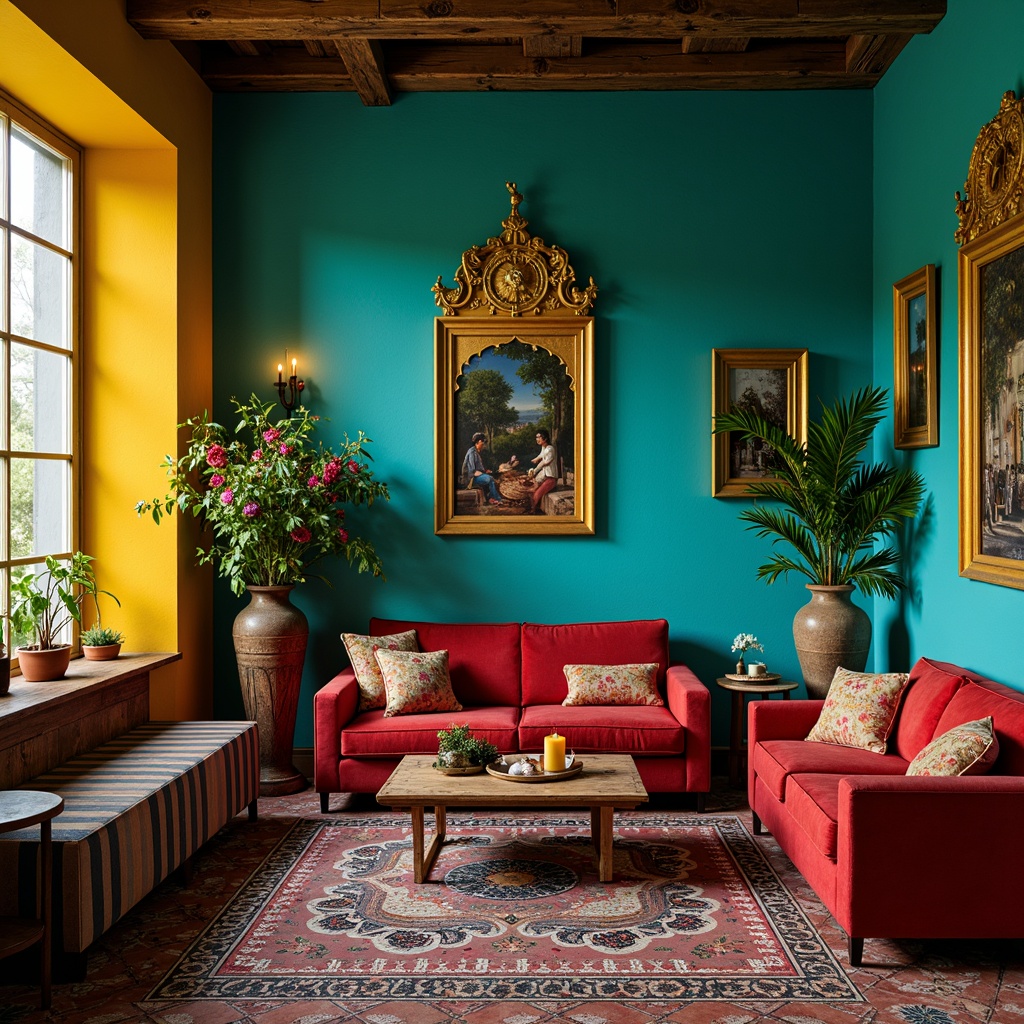 Prompt: Vibrant eclectic interior, bold color blocking, rich turquoise walls, warm golden accents, distressed wood furniture, plush velvet sofas, vintage Moroccan tiles, intricate Indian patterns, ornate Baroque frames, lavish floral arrangements, soft candlelight, dramatic shadowing, high contrast ratio, 1/1 composition, realistic textures, ambient occlusion.