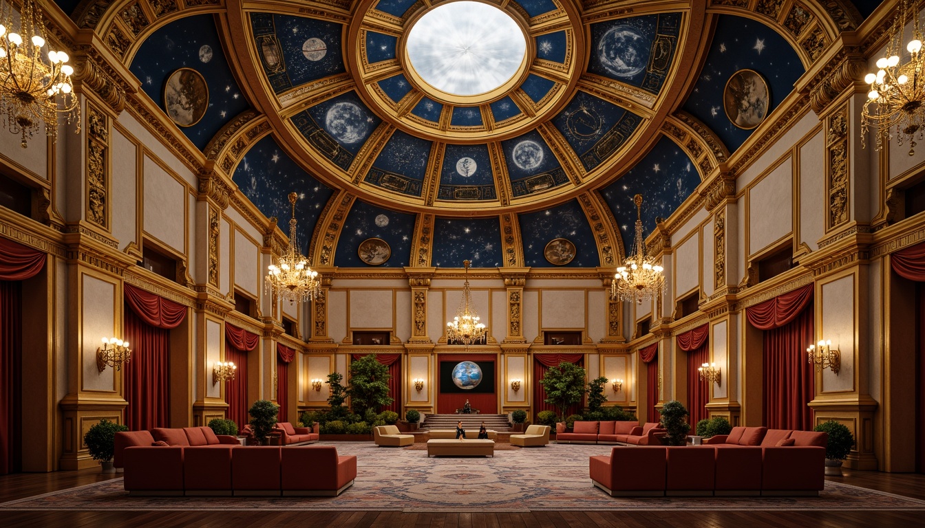 Prompt: Baroque-inspired planetarium, celestial-themed ceiling murals, ornate gold accents, intricate stucco patterns, grand dome structures, majestic chandeliers, luxurious velvet drapes, rich wood paneling, astronomical maps, constellation designs, starry night sky, soft warm lighting, shallow depth of field, 1/1 composition, realistic textures, ambient occlusion.