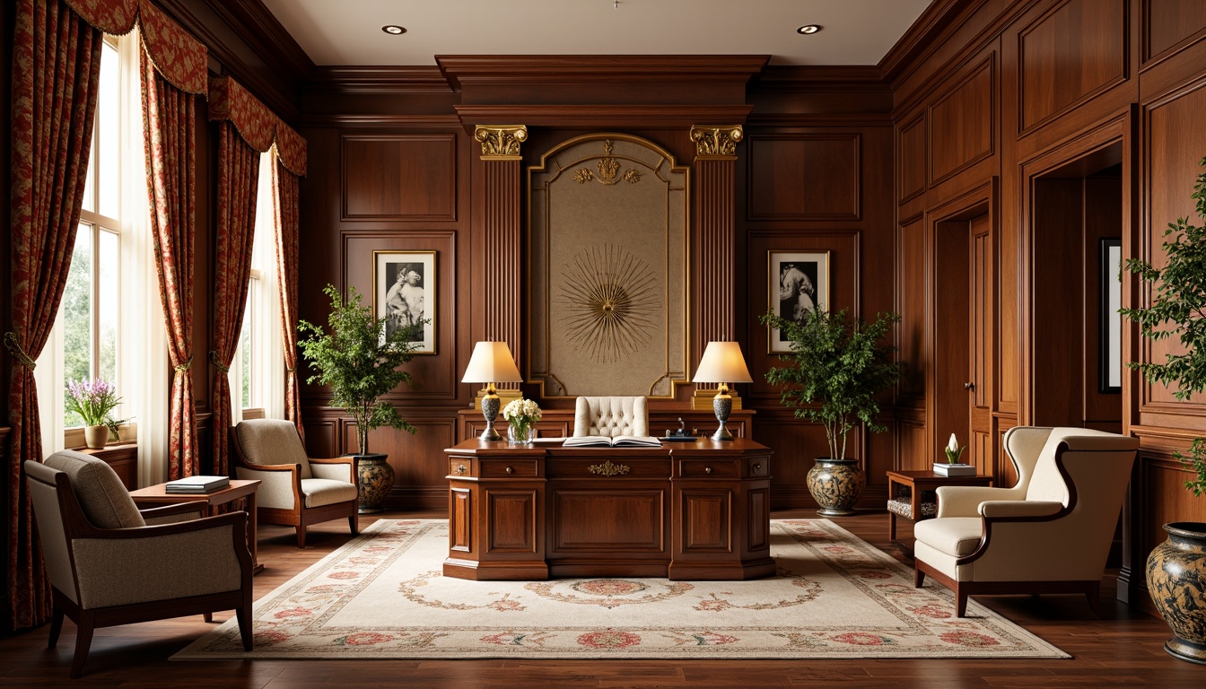 Prompt: Luxurious home office, rich wood furniture, ornate carvings, elegant desk lamps, comfortable high-back chairs, vibrant floral patterns, lavish velvet drapes, intricate molding details, sophisticated neutral tones, warm golden lighting, shallow depth of field, 1/1 composition, realistic textures, ambient occlusion.