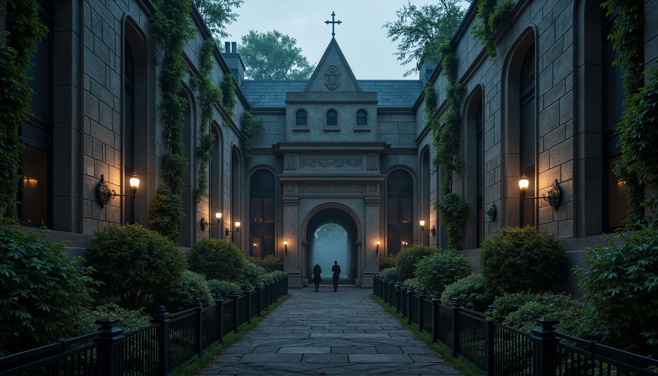 Prompt: Mysterious dark stone walls, overgrown ivy, twisted metal railings, grandiose arched windows, ornate stone carvings, mystical foggy atmosphere, eerie lantern lighting, dense foliage, ancient tree branches, misty morning dew, dramatic shadows, Gothic-inspired architecture, mysterious night lighting, symmetrical composition, 1/1 aspect ratio, high contrast colors, realistic water simulation.