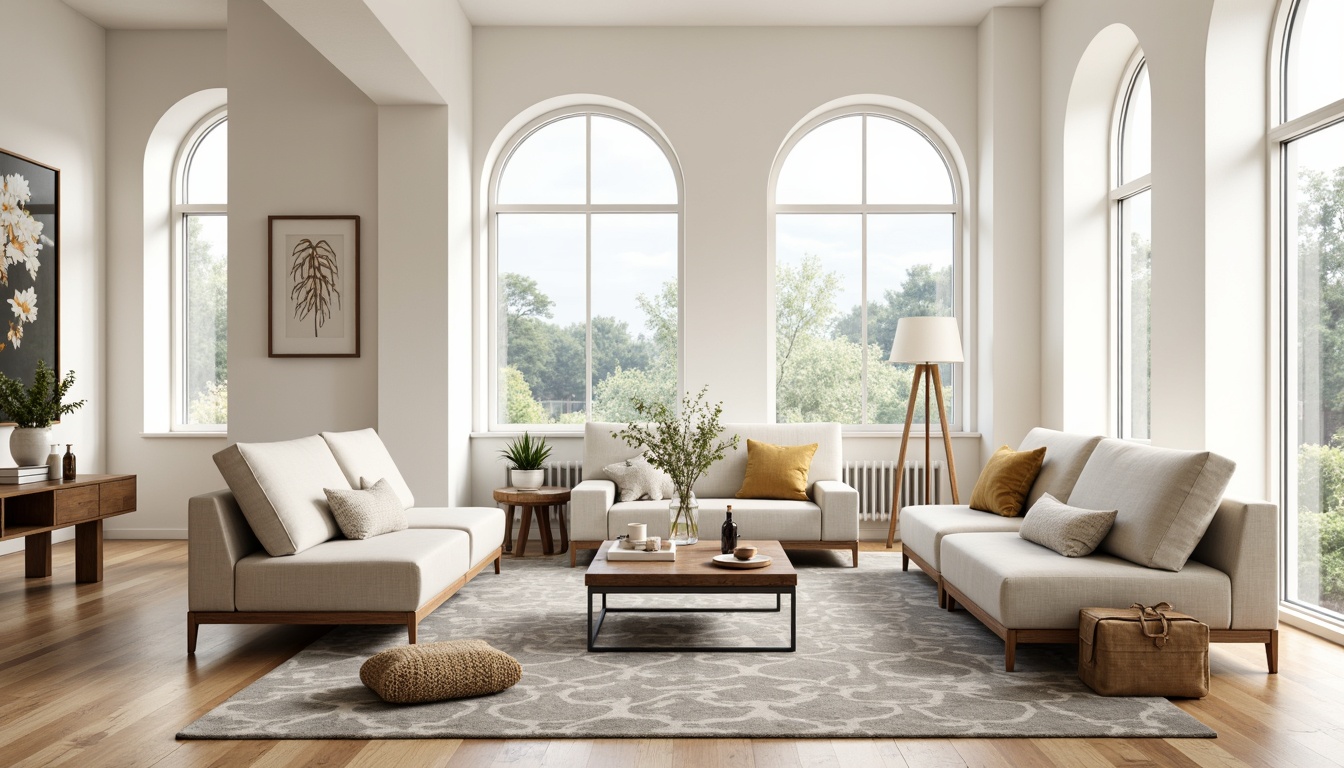 Prompt: Light-filled Nordic living room, minimal ornamentation, pale wood tones, sleek low-profile sofas, geometric-patterned rugs, industrial-chic metal coffee tables, nature-inspired textiles, creamy white walls, large windows, soft diffused lighting, 1/1 composition, shallow depth of field, realistic wood grain textures, ambient occlusion.