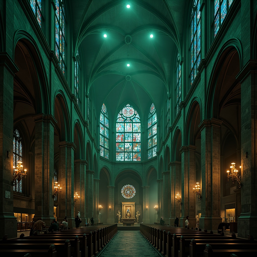 Prompt: Dark mysterious cathedral, grandiose vaulted ceilings, intricate stone carvings, stained glass windows, mystical ambiance, rich jewel-toned colors, emerald green, crimson red, midnight blue, gold accents, ornate metalwork, dramatic lighting, foggy atmosphere, eerie shadows, mysterious alcoves, ancient relics, mystical artifacts.