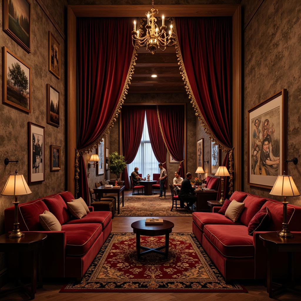 Prompt: Rich velvet fabrics, luxurious silk drapes, ornate gold accents, distressed wood panels, rustic stone walls, soft candlelight, dimly lit atmosphere, intimate seating areas, plush couches, elegant chandeliers, dark wood furniture, antique decorative items, vintage posters, warm earthy tones, crimson red hues, sophisticated patterns, subtle sheen textures, luxurious upholstery, opulent details, dramatic ceiling heights, grand entranceways, lavish decorations, mysterious ambiance, soft focus lighting, 1/2 composition, realistic reflections.