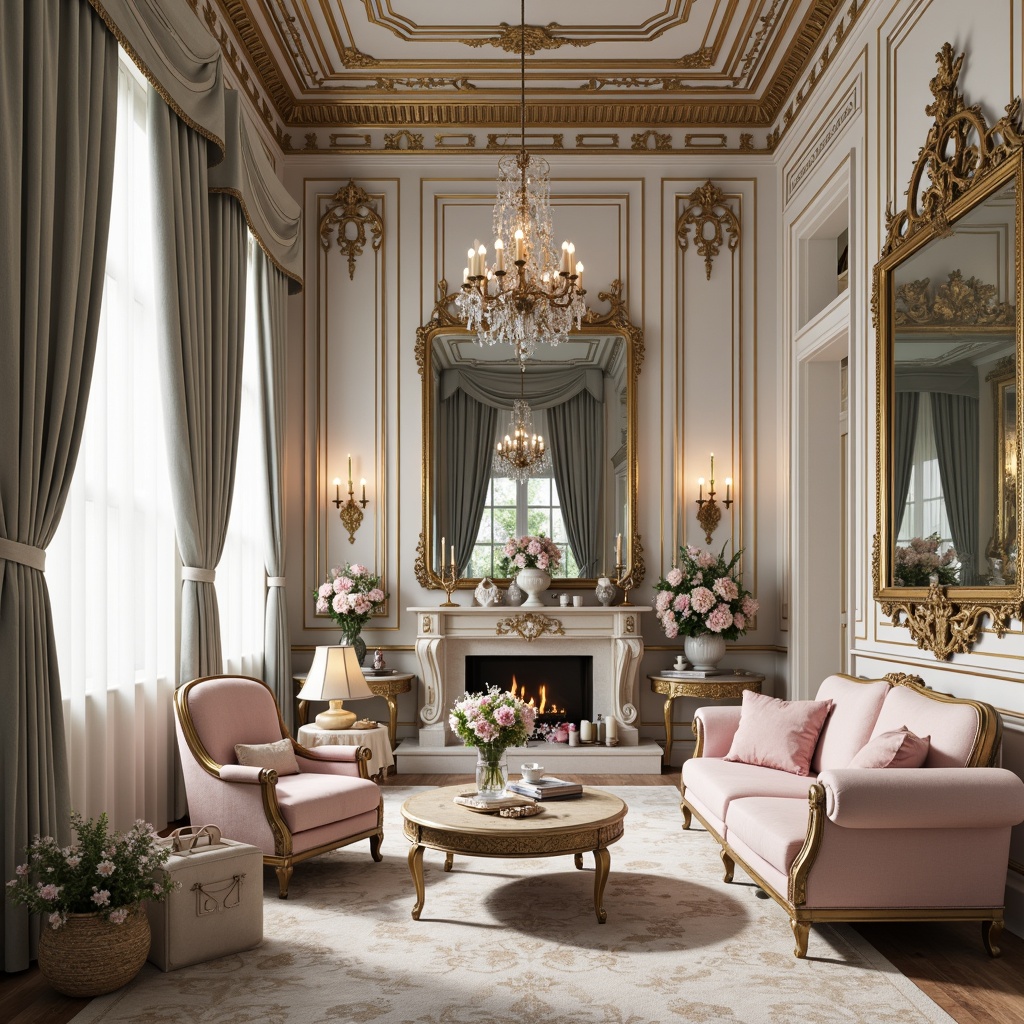 Prompt: Opulent Rococo interiors, soft gold accents, creamy whites, pale blues, blush pinks, rich wood tones, intricate carvings, ornate mirrors, lavish furnishings, velvet drapes, crystal chandeliers, luxurious fabrics, delicate florals, subtle sheen, warm candlelight, intimate ambiance, 3/4 composition, shallow depth of field, realistic textures.