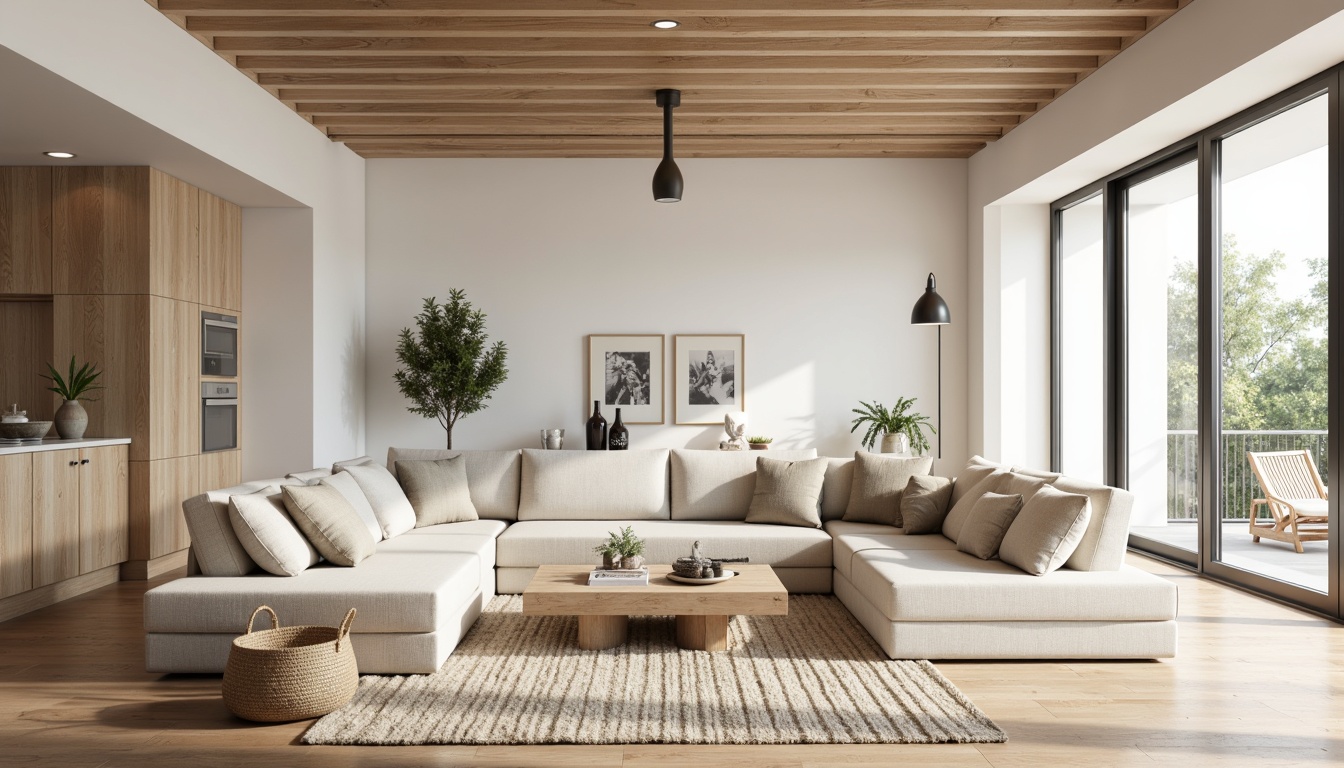 Prompt: Minimalist Scandinavian living room, neutral color palette, light wood accents, soft beige sofas, plush throw blankets, natural textiles, woven baskets, industrial metal lighting fixtures, Nordic-inspired furniture, functional decor, airy open space, large windows, subtle warm lighting, shallow depth of field, 1/1 composition, realistic render, ambient occlusion.