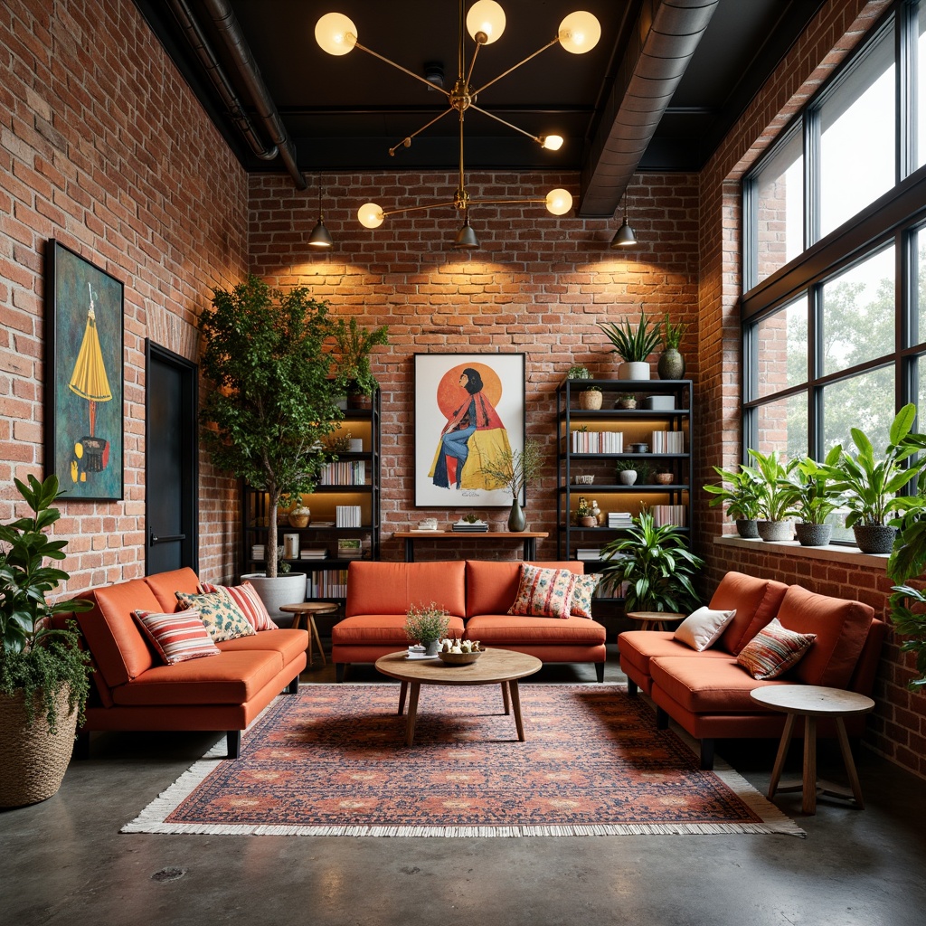 Prompt: Vibrant eclectic interior, mixed vintage furniture, bold colorful accents, patterned rugs, abstract artwork, industrial lighting fixtures, exposed brick walls, polished concrete floors, lush greenery, natural textiles, cozy reading nooks, eclectic decorative objects, global-inspired accessories, unique architectural details, dramatic high ceilings, oversized windows, soft warm lighting, shallow depth of field, 1/1 composition, realistic textures, ambient occlusion.