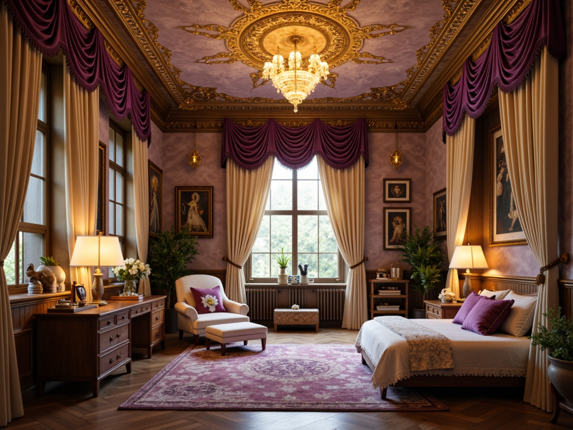 Prompt: Renaissance-inspired kids' room, ornate chandeliers, warm golden lighting, rich velvet drapes, intricate carvings, grandiose furniture, lavish textiles, soft cream colors, majestic ceiling designs, regal purple accents, mystical ambiance, subtle glow effects, layered curtains, cozy reading nooks, fantasy-inspired wall art, whimsical patterns, adventurous spirit, dreamy atmosphere, warm beige tones, elegant candelabras, sophisticated decor.