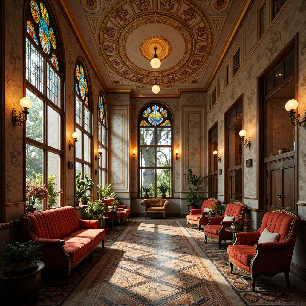 Prompt: Luxurious Art Nouveau interior, ornate floral patterns, intricate curvilinear lines, organic shapes, velvet upholstery, polished wood furniture, metallic accents, stained glass windows, mosaic tile floors, ornamental plaster ceilings, soft golden lighting, warm atmospheric ambiance, shallow depth of field, 1/2 composition, realistic textures, ambient occlusion.