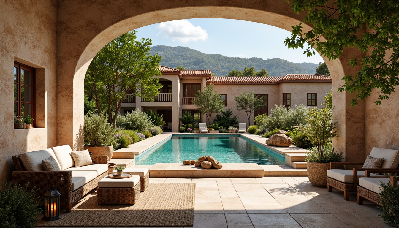 Prompt: Vibrant Mediterranean villa, rustic stone walls, terracotta rooftops, lush greenery, blooming flowers, woven wicker furniture, natural linen fabrics, distressed wood accents, ornate metal lanterns, turquoise ceramic tiles, sunny warm lighting, shallow depth of field, 3/4 composition, panoramic view, realistic textures, ambient occlusion.