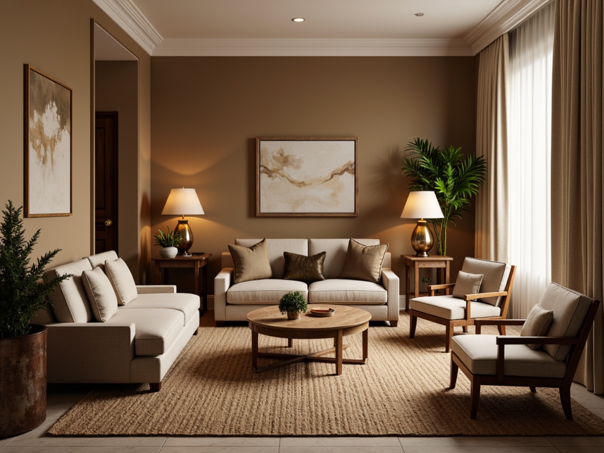 Prompt: Richly upholstered sofas, velvety smooth throw pillows, natural wood coffee tables, metallic floor lamps, woven jute rugs, earthy tone walls, soft cream curtains, elegant crown molding, warm beige armchairs, luxurious marble side tables, ornate gold vases, lush green potted plants, ambient warm lighting, 1/2 composition, shallow depth of field, realistic textures.