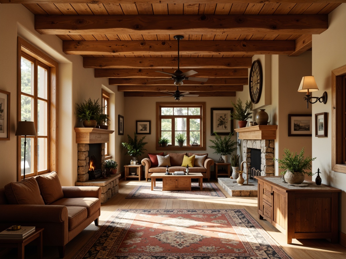 Prompt: Earth-toned hall, craftsman-style interior, wooden accents, warm beige walls, rich brown furniture, plush area rugs, natural stone fireplaces, rustic metal lighting, vintage decorative items, distressed wood textures, cozy ambiance, soft warm lighting, shallow depth of field, 2/3 composition, realistic textures, ambient occlusion.