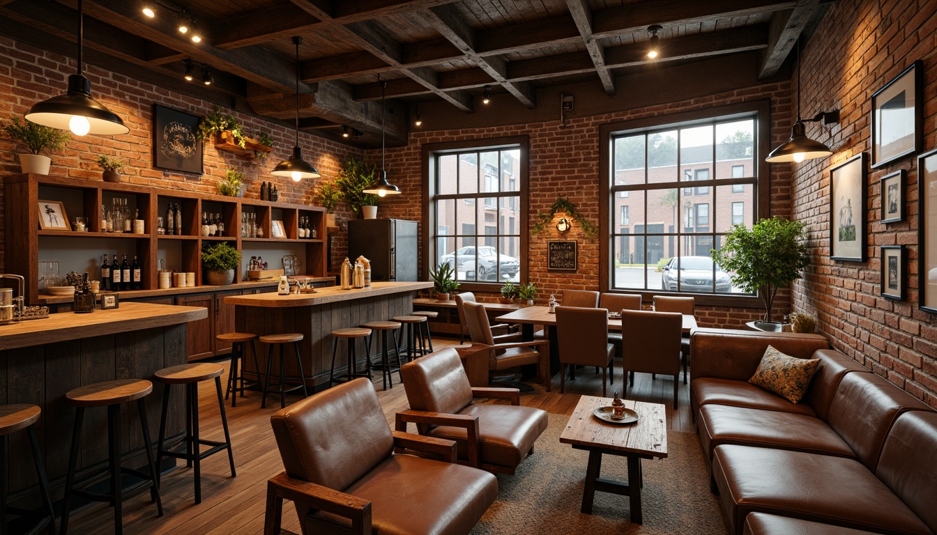 Prompt: Rustic wooden bar stools, vintage metal pendant lights, reclaimed wood shelving units, distressed leather armchairs, industrial-style coffee tables, exposed brick walls, earthy tone color palette, rich wood grain textures, warm cozy ambiance, intimate gathering spaces, soft golden lighting, shallow depth of field, 1/1 composition, realistic rendering, ambient occlusion.