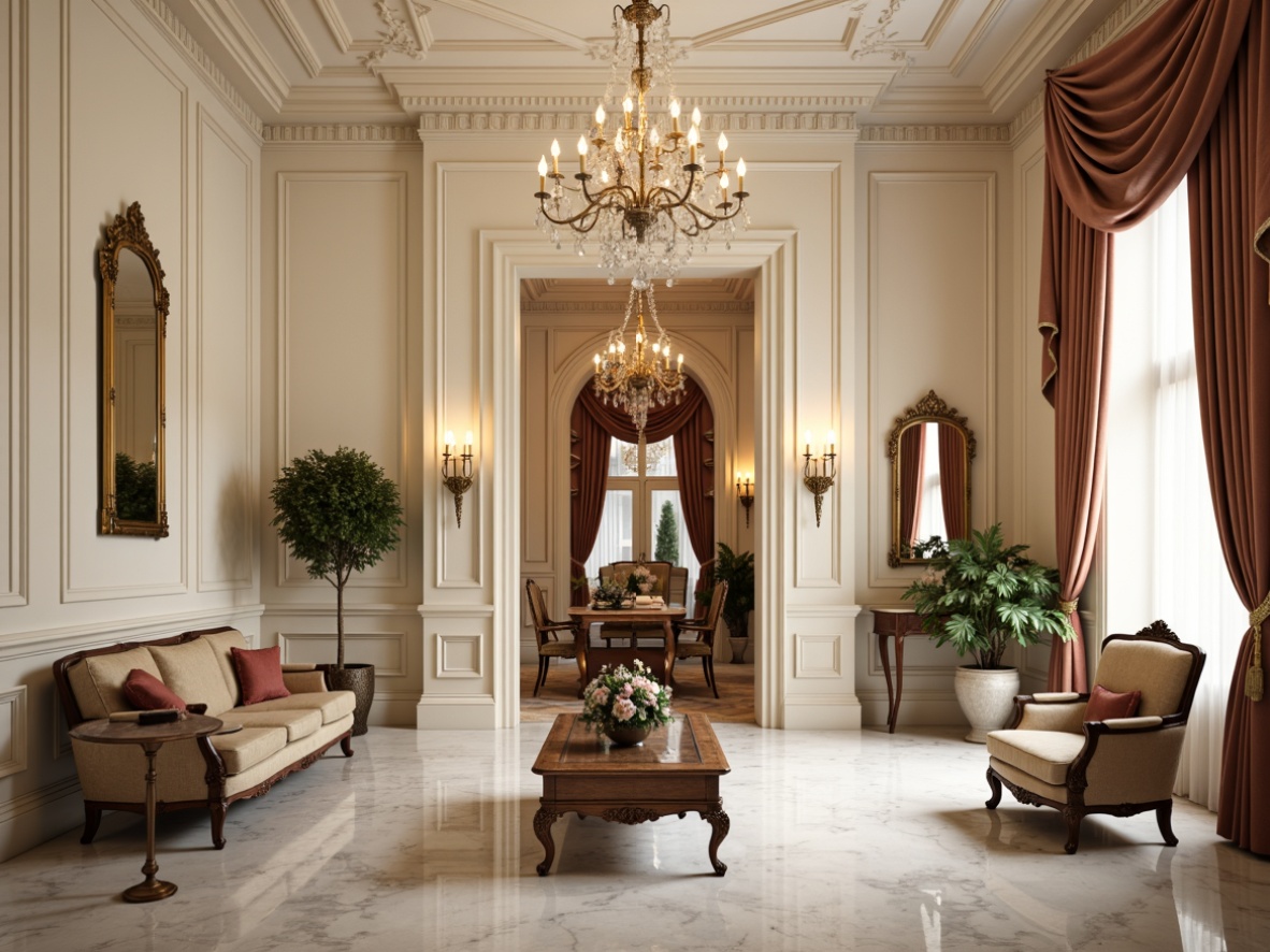 Prompt: Elegant neoclassical interior, refined ornate details, cream-colored walls, polished marble floors, grandiose chandeliers, symmetrical compositions, luxurious velvet sofas, intricately carved wooden armchairs, antique bronze coffee tables, lavish silk drapes, ornate mirrors, subtle gilded accents, soft warm lighting, shallow depth of field, 1/2 composition, realistic textures, ambient occlusion.