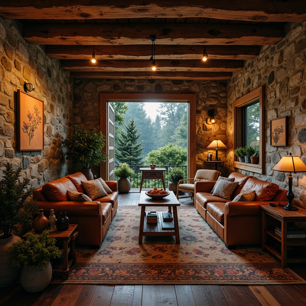 Prompt: Earthy tones, weathered wood accents, distressed textures, vintage metal fixtures, natural stone walls, moss-covered surfaces, warm candlelight, soft sunset glow, earthy reds, muted oranges, sage greens, dusty blues, rough-hewn wooden beams, reclaimed barn doors, antique furniture pieces, worn leather upholstery, rusty metal decorations, lantern-style lighting, cozy cabin atmosphere, serene forest surroundings, misty morning fog.