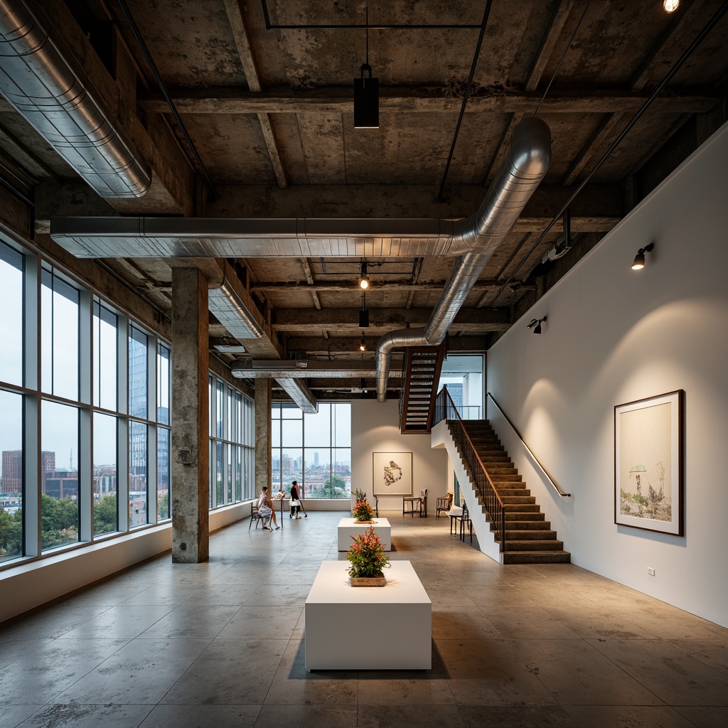 Prompt: Exhibition hall, exposed ductwork, industrial aesthetic, concrete floors, steel beams, minimalist lighting, modern art installations, cultural exhibitions, urban landscape views, floor-to-ceiling windows, cantilevered stairs, open-plan layout, brutalist architecture, raw materials, edgy textures, dramatic shadows, 1/1 composition, low-angle shot, warm color palette, soft natural light, subtle ambient noise.