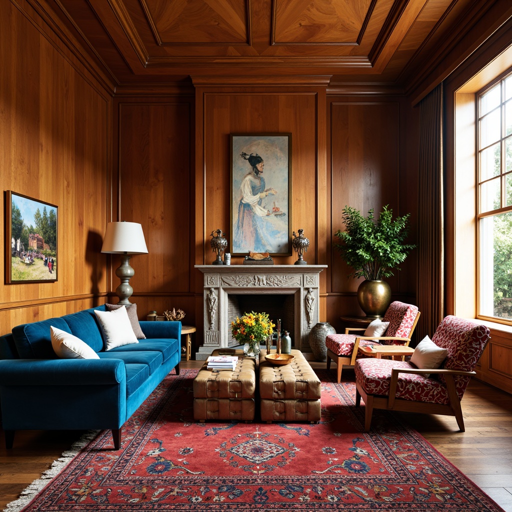 Prompt: Vibrant family room, eclectic style, bold color palette, rich wood tones, velvet sofas, patterned armchairs, vintage Moroccan rugs, distressed leather ottomans, antique wooden coffee tables, ornate metal lamps, statement art pieces, mixed metallic accents, warm golden lighting, soft focus blur, 1/2 composition, atmospheric perspective, detailed textures, realistic reflections.