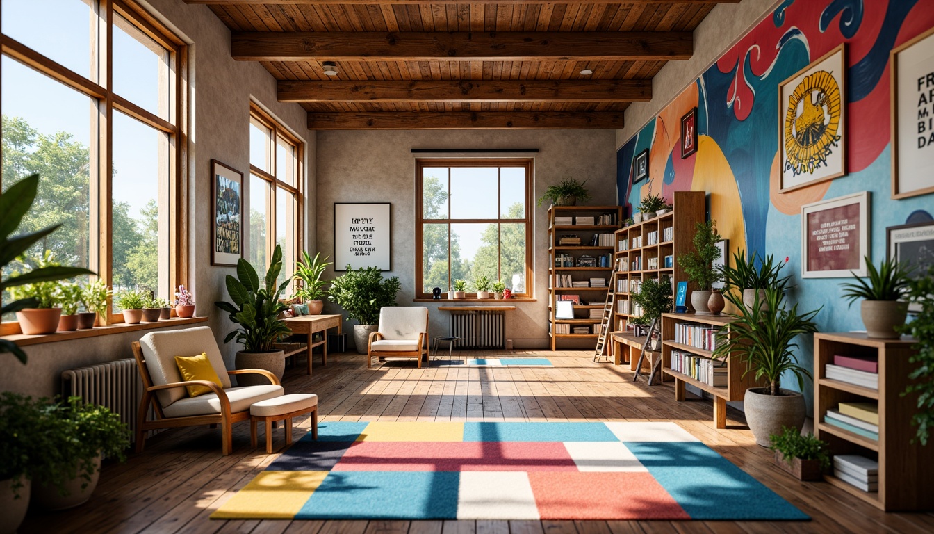 Prompt: Vibrant artistic studio, eclectic mix of bold colors, pastel hues, rich textures, abstract patterns, inspirational quotes, creative freedom, natural wood accents, industrial metal beams, reclaimed wood flooring, cozy reading nooks, floor-to-ceiling windows, abundance of plants, warm sunny light, shallow depth of field, 1/2 composition, soft focus, realistic renderings, ambient occlusion.