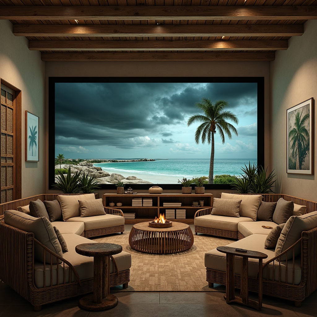 Prompt: 1 widescreen format, dramatic high-contrast ratio, moody atmospheric sound design, comfortable plush seating, ocean-inspired color palette, sandy neutrals, seafoam greens, driftwood grays, warm beige tones, natural textiles, woven wicker furniture, reclaimed wood decor, subtle coastal patterns, beachy vibe.