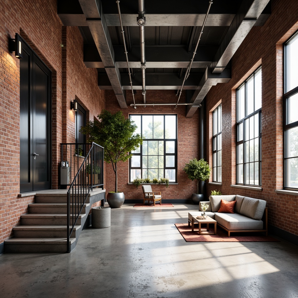 Prompt: Exposed brick walls, metallic beams, reclaimed wood accents, polished concrete floors, industrial-style lighting fixtures, urban loft atmosphere, functional pipes, distressed finishes, modern minimalist decor, neutral color palette, abundant natural light, high ceilings, open space layout, sleek metal railings, functional staircases, contrasting textures, dramatic shadows, 1/1 composition, softbox lighting, realistic reflections.