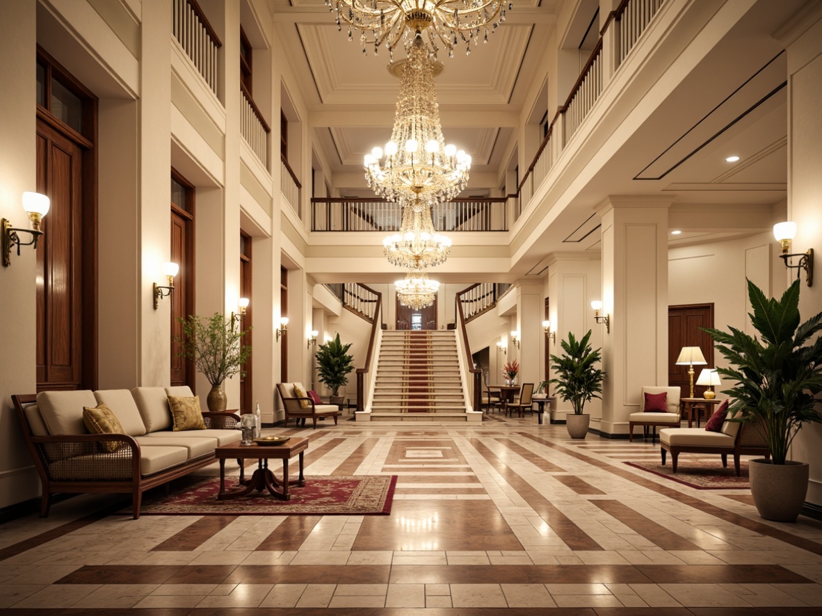 Prompt: Luxurious hotel lobby, grand staircase, ornate chandeliers, polished marble flooring, intricate mosaic patterns, elegant hardwood inlays, sophisticated neoclassical architecture, creamy white columns, richly patterned rugs, lavish furnishings, soft warm lighting, shallow depth of field, 3/4 composition, panoramic view, realistic textures, ambient occlusion.